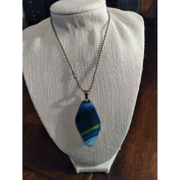 Unique Blue‎ Agate Stone Pendant Necklace Silver Chain Boho Statement Jewelry